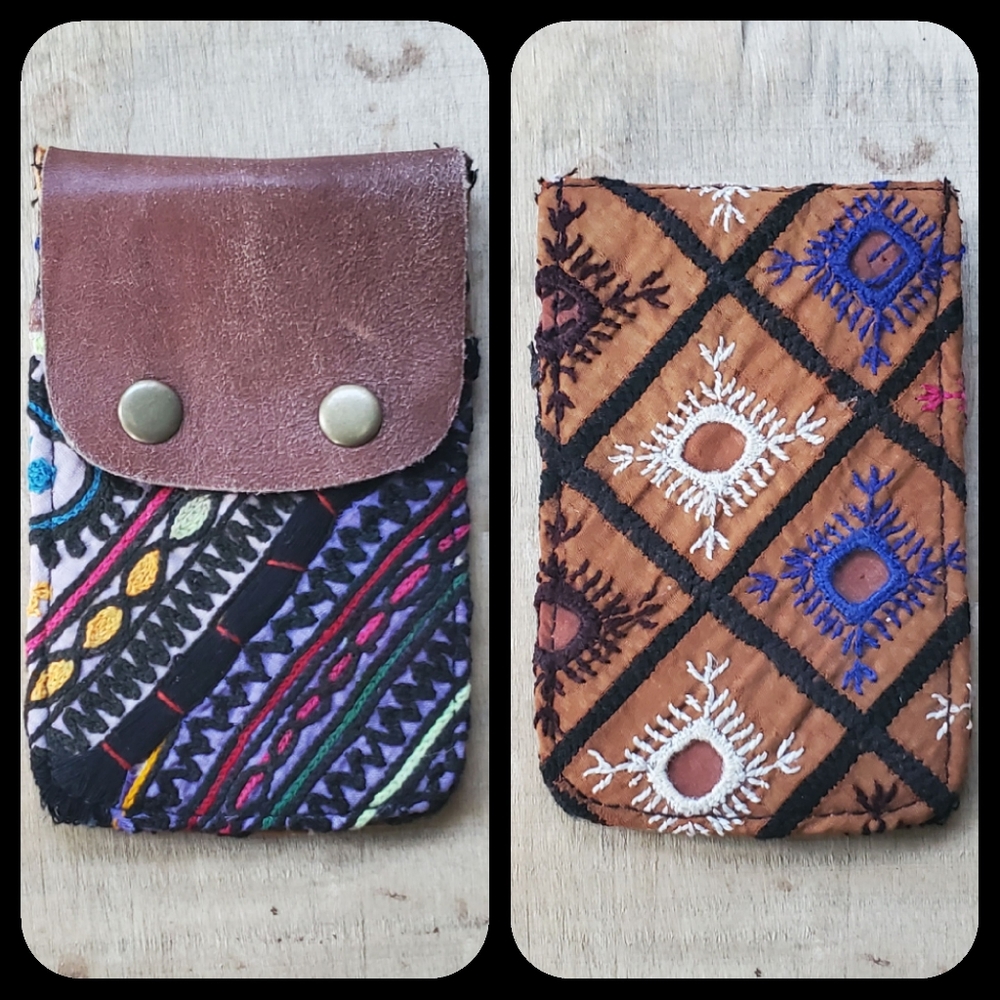 🧠🍳 Free People Boho Embroidered Repurposed vtg banjara hippie Wallet card case
